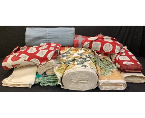 Textiles - a large roll/bolt of Sanderson fabric, yellow roses; another, similar; other rolls/bolts of vintage fabric; etc, q