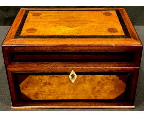 A 19th century Provincial mahogany and inlaid tea caddy, hinged cover enclosing twin compartments, 19cm wide 