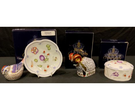 A Royal Crown Derby paperweight, Derby Ram, gold stopper, boxed; another, Goldcrest, gold stopper; a Royal Crown Derby Chatsw