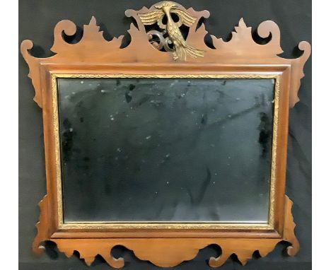 A George III style mahogany Vauxhall fretwork wall mirror with gilt phoenix crest, 56cm high 