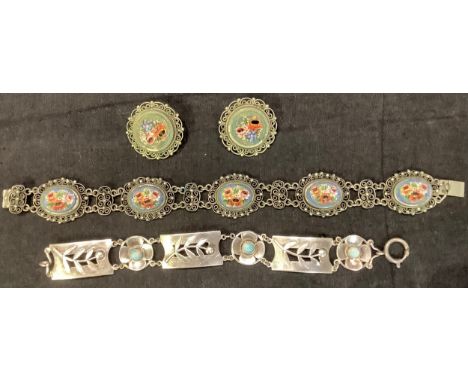A silver bracelet; an Italian micromosaic bracelet and earrings; a coral encrusted cross pendant; a silver bar brooch; a resi