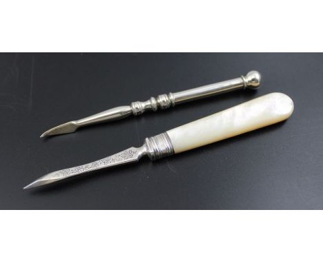 Harrison Brothers, A late Victorian silver nut pick with mother-of-pearl handle, Sheffield 1896, together with one other silv