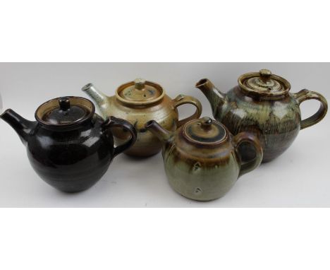 Three Winchcombe pottery teapots, and one studio pottery bachelor teapot, impressed Bourton on the Water