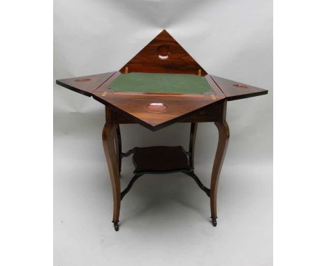 A late 19th Century inlaid rosewood envelope card table fitted with single draw on four S shaped legs united with an under ti