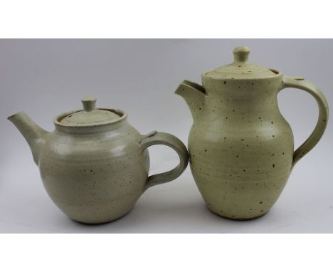 A Winchcombe potter glazed stoneware teapot, and hot water jug with lid