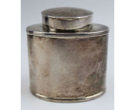 A George III silver tea caddy, plain oval form with cover, London 1818, possibly made by John Willis, 7cm high, 119g