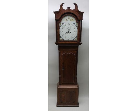 A 19th century oak &amp; mahogany longcase clock, with swan neck pediment over hand painted arch dial with subsidiary seconds
