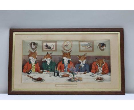 A late Victorian lithograph fox hunting print, 'Mr Fox's Hunt Breakfast on Christmas Day', Harry B Neilson, 70cm x 33cm