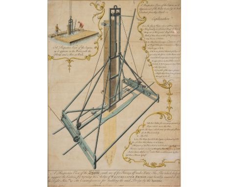 AN 18TH CENTURY TINTED ENGRAVING after Labelye, 'A perspective view of the engine made use of for saving off under water the 