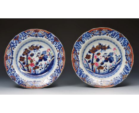 A PAIR OF 18TH CENTURY CHINESE 'TOBACCO LEAF' SAUCER DISHES with polychrome enamel bird and foliate decoration, 22.6cm diamet