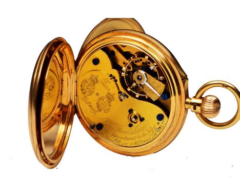 AN 18CT GOLD GENTLEMAN'S HUNTER POCKET WATCH by Charles Frodsham, the white enamel dial signed and numbered 09463 with Roman 