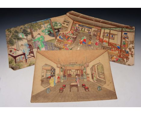 A GROUP OF THREE 19TH CENTURY CHINESE WATERCOLOURS ON CARD, interior scenes with figures including boys playing hide and seek