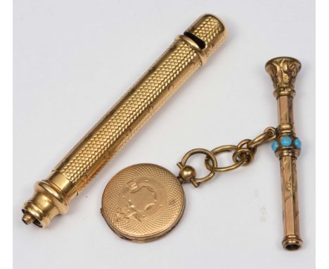 TWO GOLD FILLED PROPELLING PENCILS, one with turquoise inset and a hair locket with engine turned decoration (3)