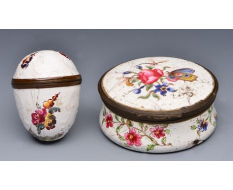 A GEORGIAN CIRCULAR ENAMEL SNUFF BOX decorated with flowers and insects, 6cm diameter and an egg shaped enamelled snuff box w
