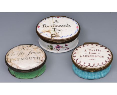 TWO ENAMELLED PATCH BOXES, one 'A Trifle from Launceston' and one 'A Portsmouth Toy' and a snuff box 'A Trifle From Plymouth'