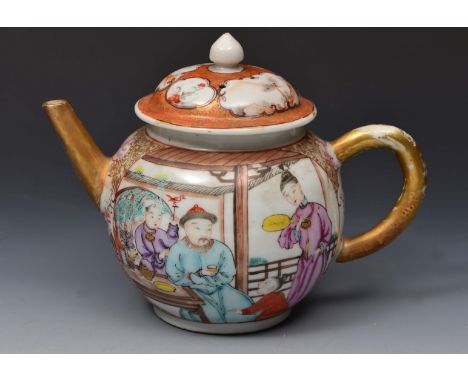 AN 18TH CENTURY CHINESE MANDARIN PORCELAIN TEAPOT and associated cover with polychrome enamel figure decoration, 14cm high