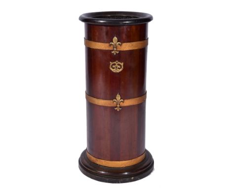 A LATE VICTORIAN COOPERED MAHOGANY STICK STAND with gilt metal fleur de lys mounts and liner, 66cm high