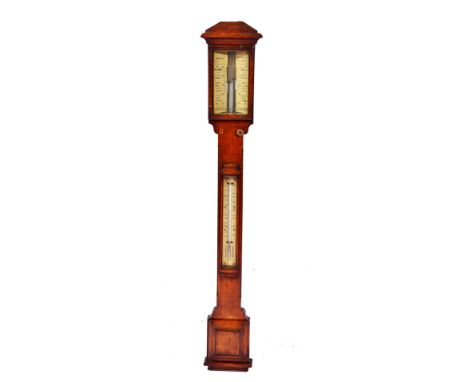 A LATE VICTORIAN OAK STICK BAROMETER, the angled ivorine vernier scales signed Mosley, 17 Cornmarket St. Oxford, the canted t