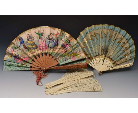 A SPANISH FAN with wooden stick and hand coloured lithograph depicting ladies in a garden, a silk fan with bone sticks and a 