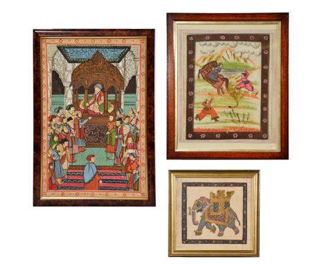 A MUGHAL, OAK FRAMED GOUACHE on woven fabric, 'Tiger Hunting', 48.5 x 39.5cm, an Indian silk painting, gouache and gilt of a 
