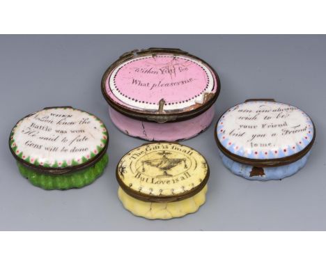 AN ENAMELLED OVAL PATCH BOX 'When Nelson knew the battle was won he said to fate Gods will be done' and three further love re