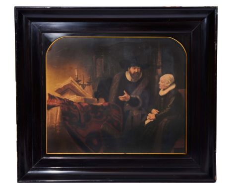 AFTER REMBRANDT 'The Mennonite Preacher Anslo and his Wife', coloured print in a heavy Flemish style wooden frame, 95 x 109cm