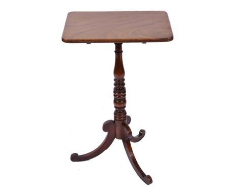 A REGENCY MAHOGANY RECTANGULAR TILT TOP TRIPOD TABLE with ring turned support, 45 x 34cm