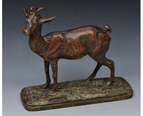 A BRONZE MODEL of a goat on a naturalistic base signed Kley (perhaps Louis Kley 1833-1911), 11.5cm high x 12.5cm wide