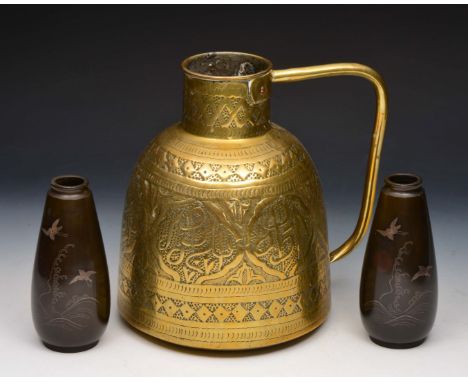 A PAIR OF JAPANESE BRONZE BALUSTER SHAPED VASES each silver inlaid with birds, 14.5cm high; together with a Middle Eastern br
