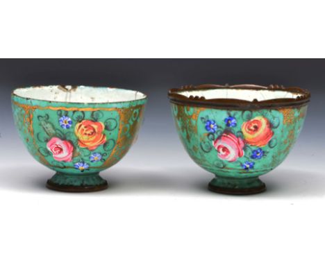 A PAIR OF ENAMEL ON BRASS CUPS with foliate and gilt decoration, 6cm diameter