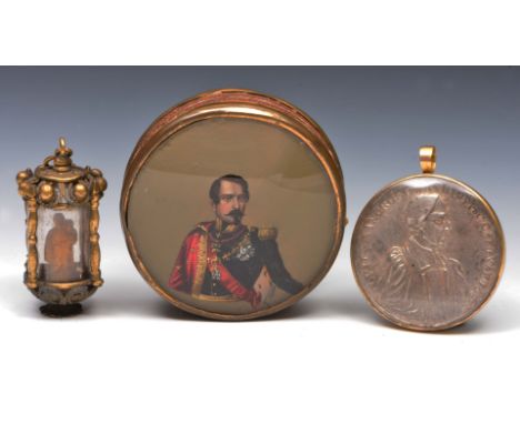A PAPER AND BRASS MOUNTED BOX with inset miniature of an army officer, 7cm diameter, a brass mounted vessel containing cast f
