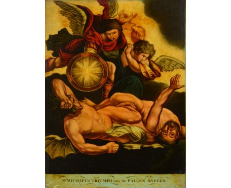 AN 18TH CENTURY REVERSE PRINT ON GLASS 'St Michael's Triumphant Over the Fallen Angels', 36 x 26cm