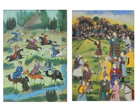 AN INDIAN MUGHAL TYPE GOUACHE with gold and white highlights on ivorine in a Vizagapatam mosaic frame, scene in the manner of