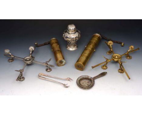 A WHITE METAL TEA CADDY AND COVER of wrythen baluster form marked Sterling, 14cm high, two dish stands, two eastern spice gri