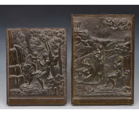 TWO 19TH CENTURY RENAISSANCE STYLE BRONZE RECTANGULAR PLAQUES with classical figure decoration, indistinctly inscribed, 14 x 