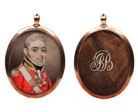 AN OVAL MINIATURE PORTRAIT of an officer with red tunic and insignia with hair locket back and initials 'B.B.' thought to be 