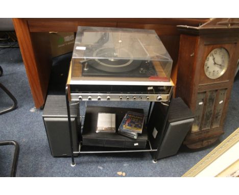 A FERGUSON RECORD PLAYER WITH STAND AND MATCHING SPEAKERS TOGETHER WITH A BOX OF CASSETTES 