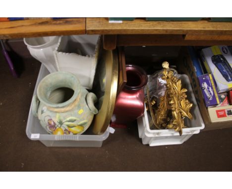 TWO BOXES TO INCLUDE MIRROR, VASES, PLANTERS, CHESS BOARD AND CURTAIN TIE BACK HOLDERS