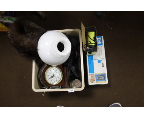 A FOX FUR , A 35M CAMERA, RADIO, A MANTLE CLOCK , TOGETHER WITH A BOX OF TOOLS