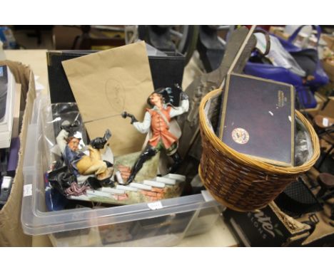 TRAY OF ODDS TO INCLUDE BRASS BELLOWS, COSTUME JEWELLERY, PENS, STAMPS, PLAYING CARDS WITH A STATUE OF CAVALIERS FIGHTING 