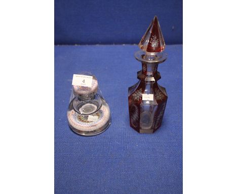 ANTIQUE STOURBRIDGE TYPE GLASS MILLEFIORI INK WELL A/F ,WITH A RUBY FLASH DECANTER