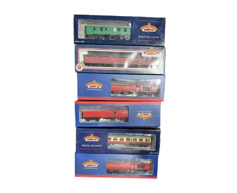 Six Bachmann Branch Line '00' gauge coaches, comprising three 39421B MkI POS Post Office Sorting Vans with nets in Royal Mail