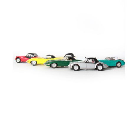 Twenty-two 1:43 scale diecast cars including Austin Healey, Triumph TR3 and E Type Jaguar examples, by Corgi, Dinky, Solido e