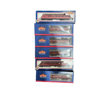 Six Bachmann Branch Line '00' gauge coaches, comprising four 34654C Thompson BG Coach Full Brake in BR maroon and two 34625 5