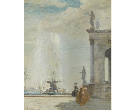 EMMA CIARDI (ITALIAN 1879-1933)COUPLE BY A FOUNTAIN Signed and dated 1912, signed and inscribed on label on reverse, oil on c