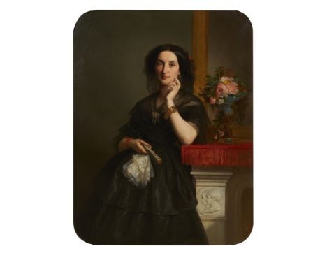 DOMINIQUE ANTOINE JEAN-BAPTISTE MAGAUD (FRENCH 1817-1899)PORTRAIT OF AN ELEGANT LADY BY A FIREPLACE Signed, inscribed and dat