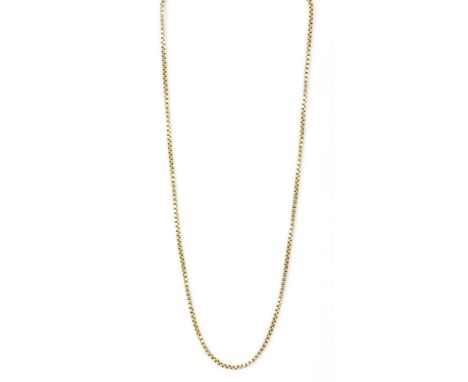 A 9ct yellow gold box chain link necklace, connected with three O rings, no clasp, O ring stamped 375, approximately 61cm, 22