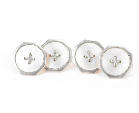 A pair of 9ct white and yellow gold button cufflinks, each of octagonal shape, mother of pearl centre and with chain links, 1