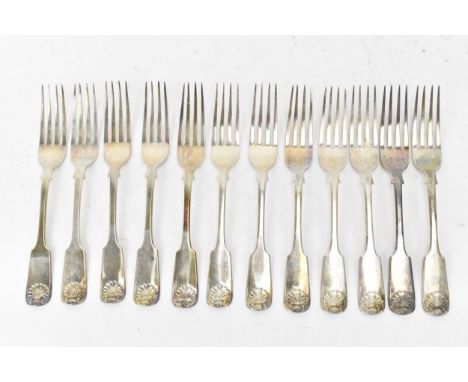 A Victorian set of twelve silver dessert forks by Lister &amp; Sons, hallmarked Newcastle 1843, each in the fiddle and shell 