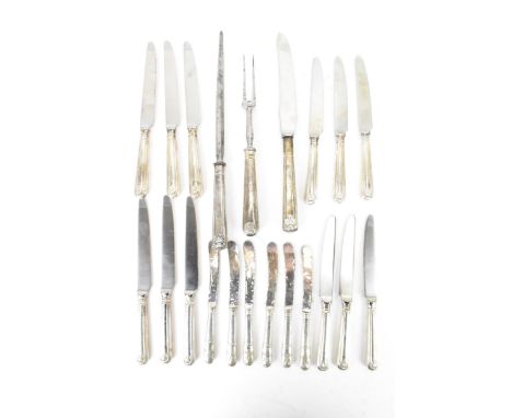 A selection of 19th century and later silver handled cutlery to include a carving steel and knife by Harrison Brothers hallma